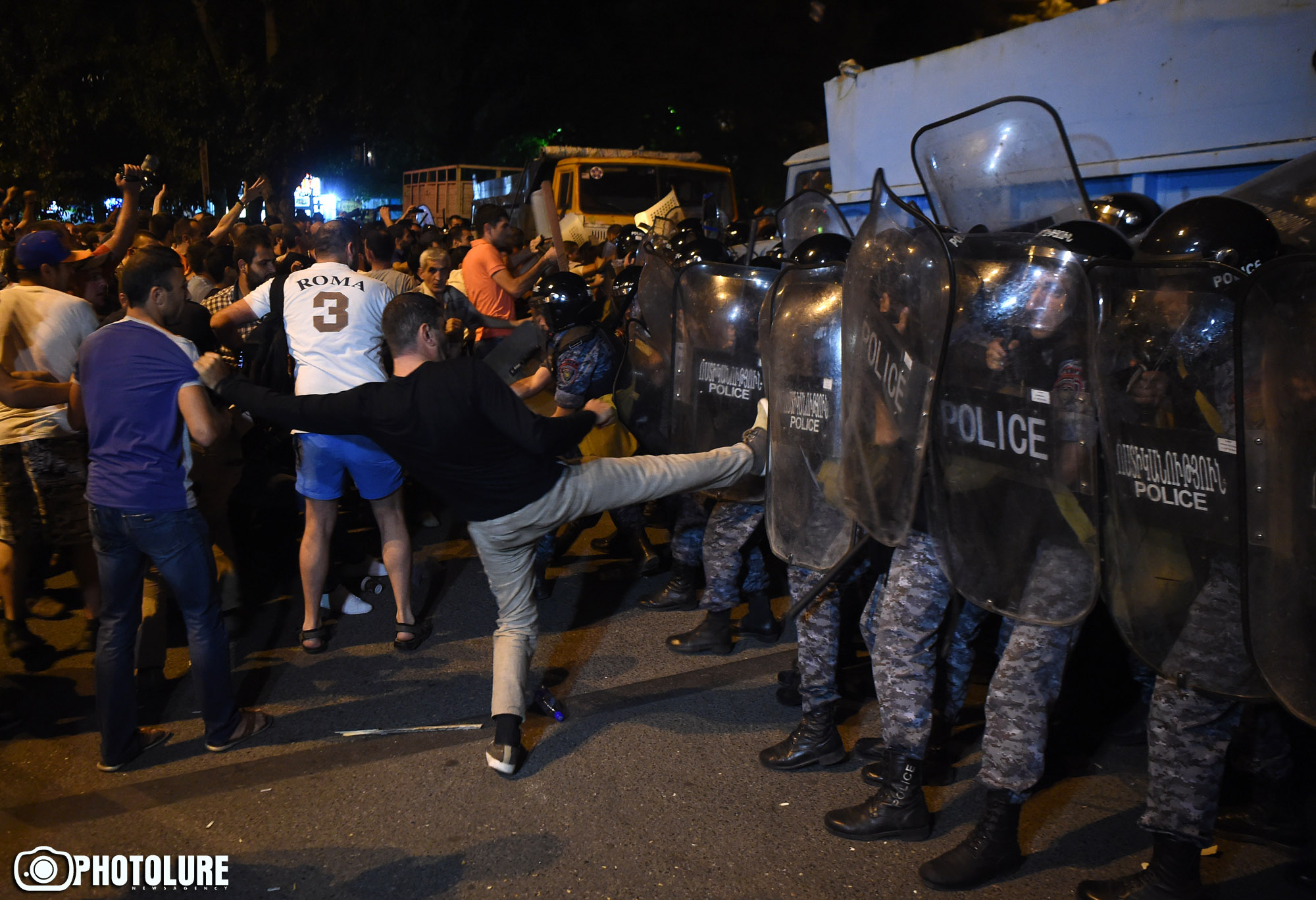 Clashes between policemen and protesting people took place during the protest action in support of initiators of occupation of the police station in Erebuni district in Yerevan, Armenia