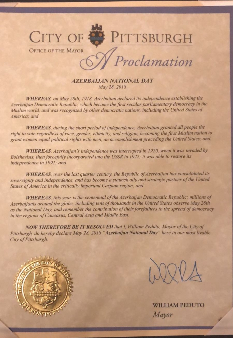В американском Питтсбурге 28 мая объявлен Днем Азербайджана 3 В американском Питтсбурге 28 мая объявлен Днем Азербайджана