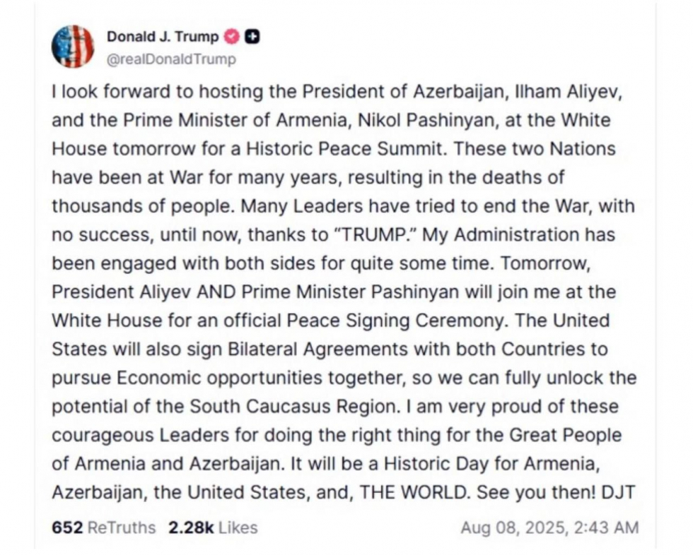 Трамп назвал 8 августа поворотным моментом для Баку и Еревана 2 Трамп назвал 8 августа поворотным моментом для Баку и Еревана