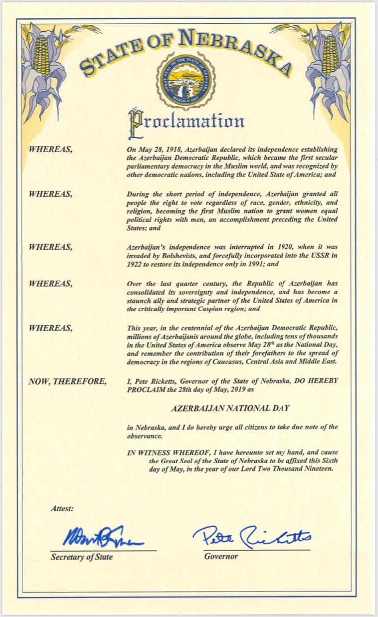 В штате Небраска 28 мая объявлено Днем Азербайджана