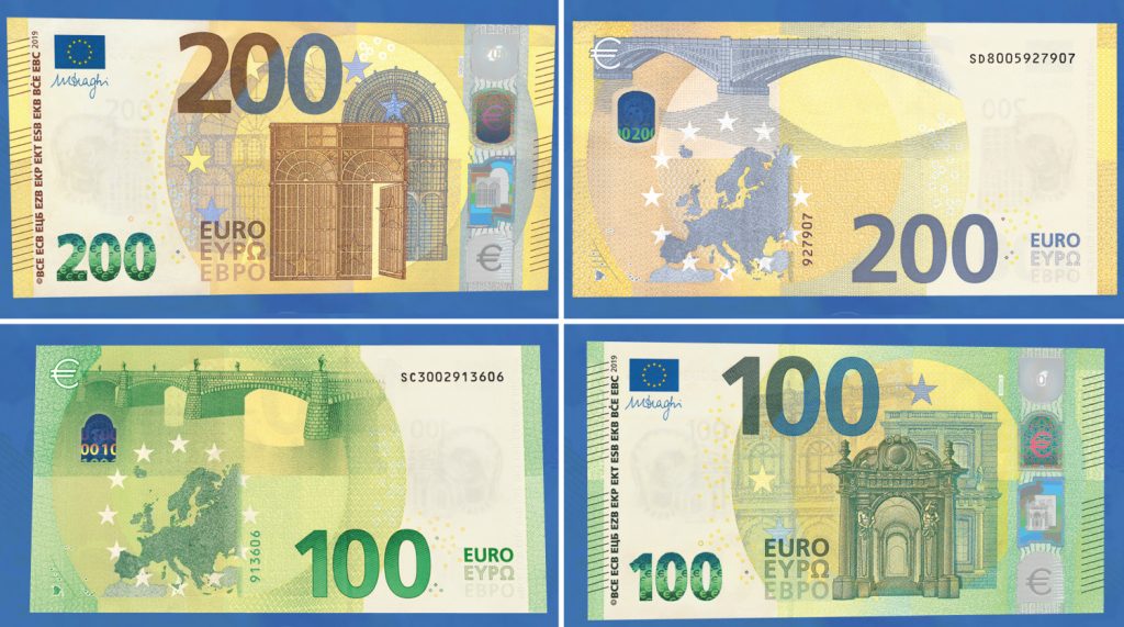 Выпущены новые купюры в €100 и €200