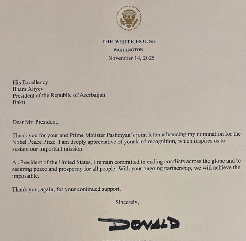 Трамп поблагодарил Алиева за выдвижение на Нобелевскую премию мира