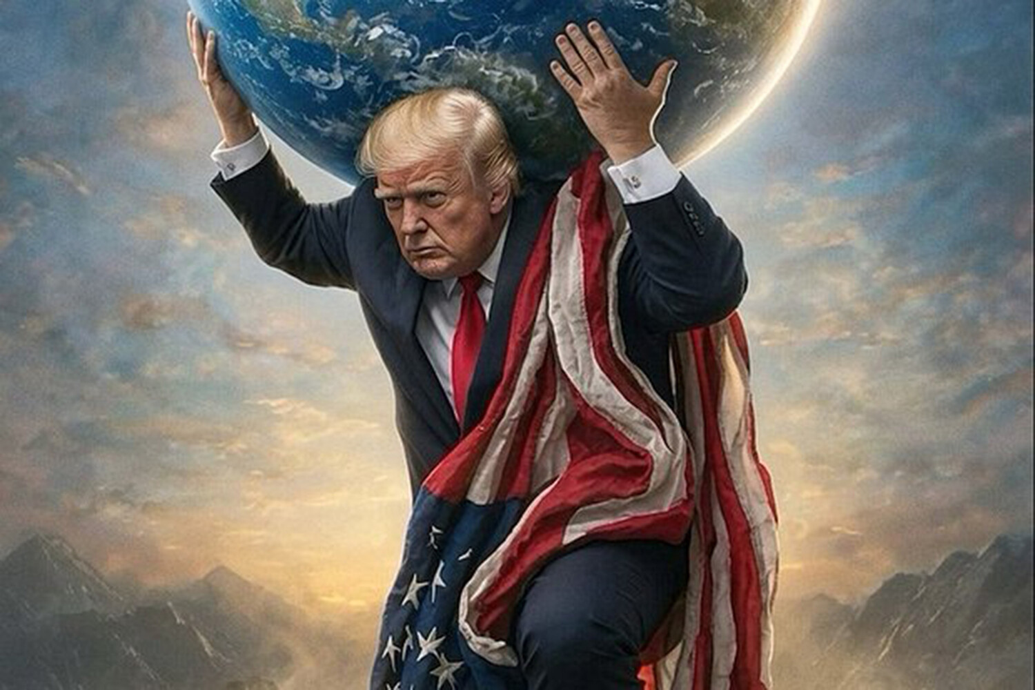 Трамп изобразил себя в виде атланта, держащего земной шар