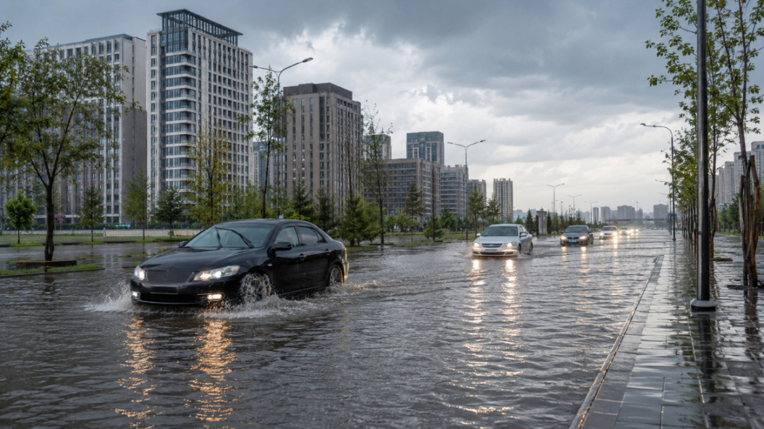 Сильный ливень после жары: улицы Астаны ушли под воду