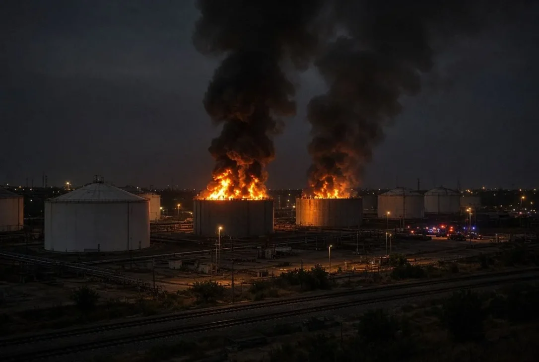 В Краснодарском крае России после атаки дронов загорелась нефтебаза